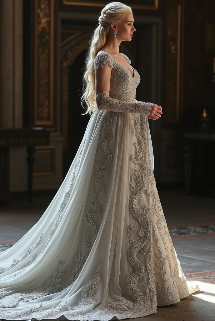 ### **Daenerys's Wedding Dress**
Daenerys Targaryen’s wedding dress was a masterpiece of elegance and tradition, reflecting both her regal status and her deep connection to her dragon heritage.
#### **Fabric and Color**
The gown was crafted from the finest silk and satin, shimmering with a subtle silver hue that caught the light with every movement. The fabric flowed gracefully, creating a mesmerizing effect as Daenerys walked. Its silver tone symbolized purity and grace, aligning with the Targaryen tradition of using dragon motifs to signify their heritage.
#### **Bodice**
The bodice of the dress was intricately designed with delicate lace and beaded embroidery. The lace was adorned with patterns resembling dragon scales, adding texture and depth to the garment. Tiny gemstones were sewn into the lace, creating a sparkling effect that mimicked the gleam of dragonfire. The high neckline featured a subtle scoop, framed by intricate patterns that continued down the sleeves.
#### **Skirt and Train**
The skirt of the gown was a flowing A-line that cascaded elegantly to the floor. The fabric was layered, giving it a soft, ethereal quality that seemed to float with each step Daenerys took. The train was long and dramatic, extending behind her as she moved. The train was embroidered with a trailing pattern of dragons and flames, extending from the waist to the hem, where the design became more intricate and detailed.
#### **Sleeves and Details**
The sleeves were long and fitted, tapering at the wrists where they were adorned with delicate silver threadwork. They were sheer, allowing the intricate embroidery to be showcased. At the shoulder, the gown featured a subtle off-the-shoulder design, enhancing the regal and sophisticated look.
#### **Accessories**
Daenerys’s hair was styled in an elaborate updo, with delicate silver threads woven through her hair, and a crown of silver and diamonds rested atop her head. The crown was a simple yet elegant design, complementing