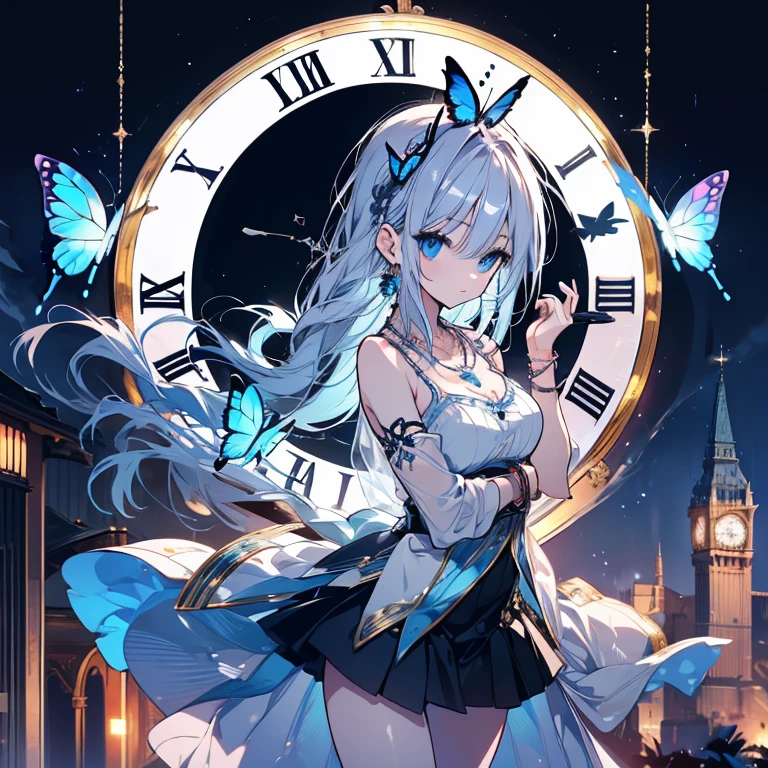 1 person、Mature、Ample breasts、Long Hair、Long eyelashes、Blue Eyes、ballerina、ballerinaの衣装、Tutu、Miniskirt、necklace、bracelet、Earrings、dance、In front of the clock tower、Night Sky、gem、Butterflies fluttering、Braided、Bust-up perspective、High resolution、Highest quality
