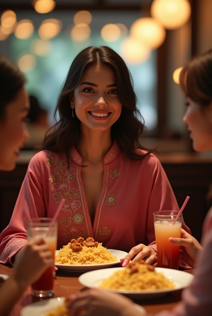 (photorealism:1.2), beautiful woman, sitting with friends on restaurant wearing dark pint punjabi suite eating chicken rice ment drink