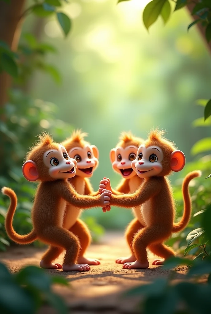 Four monkeys holding hands, forming a circle, going around