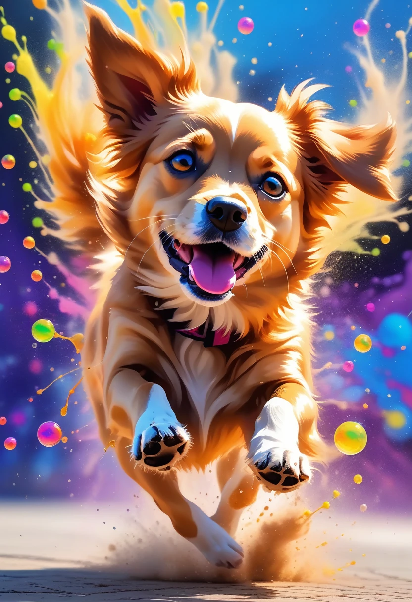 Dog runs, Color ink splashed on the ground, ink splash art splash, Glowing skin, Extremely detailed, Eye, Reflective bubbles, absurd, masterpiece, best quality, high quality
