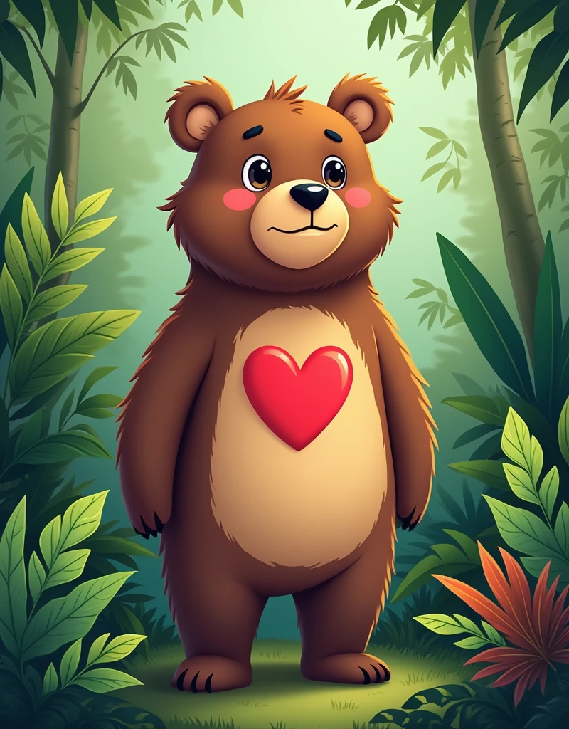Illustrate a friendly-looking bear with a vibrant heart symbol prominent on its chest, standing upright in a verdant jungle overflowing with diverse vegetation. The bear, known only by its nickname, possesses a serene expression, implying its gentle nature. Surround it with varied tropical plants, providing a lush green backdrop that contrasts with the distinctive heart on its chest.