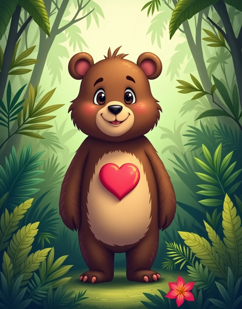 Illustrate a friendly-looking bear with a vibrant heart symbol prominent on its chest, standing upright in a verdant jungle overflowing with diverse vegetation. The bear, known only by its nickname, possesses a serene expression, implying its gentle nature. Surround it with varied tropical plants, providing a lush green backdrop that contrasts with the distinctive heart on its chest.