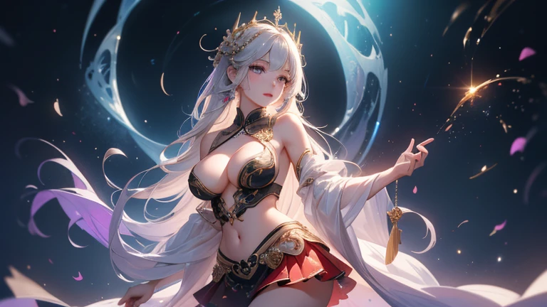 high quality,HD,16K,Sharp Line,1 Girl,fantasy, (Fire Spirits),Pretty Face, Large Breasts, Beautiful legs,In the water,Focus Girl,detailed Pretty Face,Detailed clothes,beautiful eyes,Cool,Sexy,Dynamic Angle,穿着华服的神明Strike a pose拍照, Ancient mysterious sexy goddess, Traditional beauty woman, Beautiful female warrior god of war , Beautiful sexy goddess, Gorgeous role-playing, high, Beautiful young girl, Beautiful woman, 华丽Beautiful woman, Complex clothing,Chinese Mystical Aesthetics, Beautiful goddess ancient mysterious girl, Extremely detailed shot of the goddess, Jaw-dropping sexy beauty, Big breasts deep neckline sexy belly button(butt), (bedroom), (Sexy Girls), masterpiece, best quality, Bangs, blush, Chest, clavicle, Eyebrows visible through hair, (Ombre gold hair), Jewelry, Long hair,Bright Eyes, ring, (solitary), illustration, fashionable, miss, Strike a pose, background, element, confident, Express, Accessories, majestic, striking, key point, Dynamic poses, ((plump)), (purple))Woman in transparent dress,Viewer,(((Full breasts, Keeley University))),Slim waist,(Navel exposed,Bare waist), Long hair, extreme detailed details, 详细的fantasy艺术, Stunning character art, Beautiful and exquisite character art, Beautiful transparent dress, Very detailed, Large Breasts,Chest,Golden ratio figure,Beautiful figure,Ultra wide-angle shooting,Full body shot拍摄,Body close-up,Full body shot,Wearing a pleated tulle skirt,柔和动漫illustration, 柔和的深色background,Fujifilm XT3 Clear focus, f 5.6, High Detail, Clear focus,(Wearing openwork clothing),, (Natural light), (Tempting)translucent, Good velvet quality, Compared, Divine Light,, Silver hair, 夜空background, Absolute Strength,Female Shinmei,穿着性感丝绸的Female Shinmei,,Large Breasts,Chest,Golden ratio figure,Beautiful figure,Ultra wide-angle shooting,Full body shot,Body close-up,Full body shot, Wearing a tulle dress, Model shooting style, Large Breasts,饱满Chest,Golden ratio figure,Beautiful figure,(Extremely detailed CG 8k wallpaper unit), The most beautiful artistic photos in the world, , 8K 超HD, ) ,Sexy姿态,Sexy表情,best quality,masterpiece,Ultra-high resolution,(Practical:1.4),original photo,Ultra-high resolution