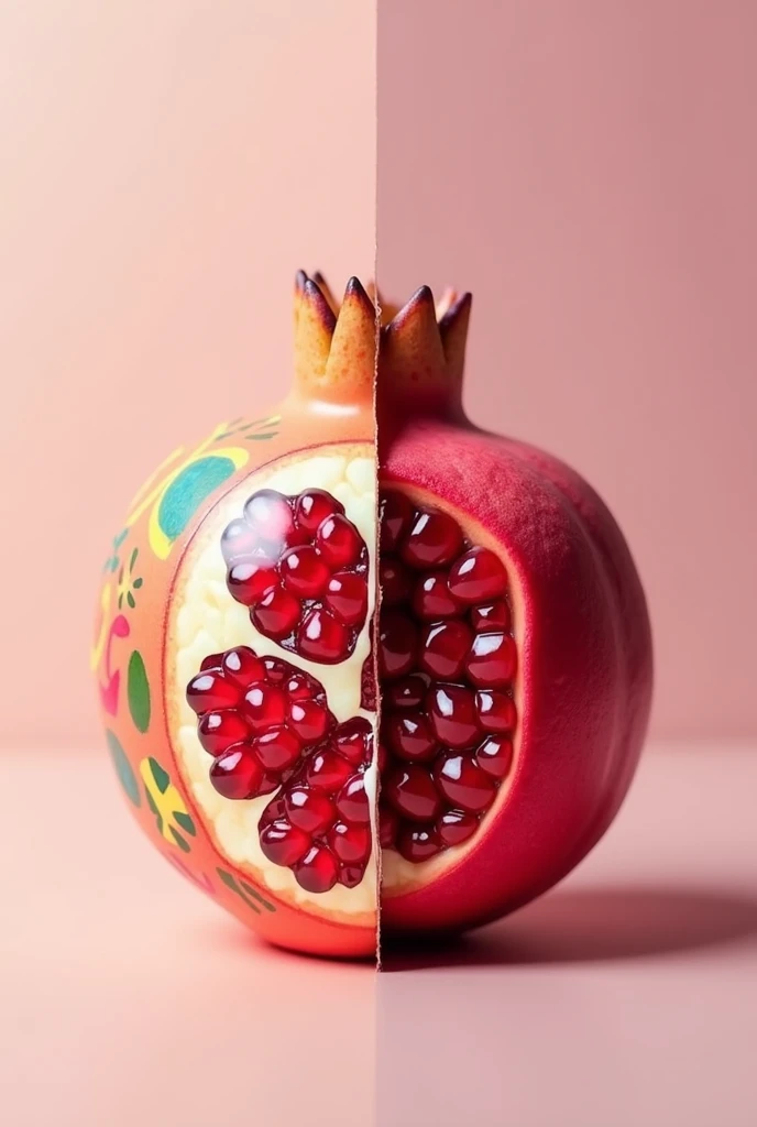 Create a half sweet candy wrapper image, bala) and half a pomegranate fruit