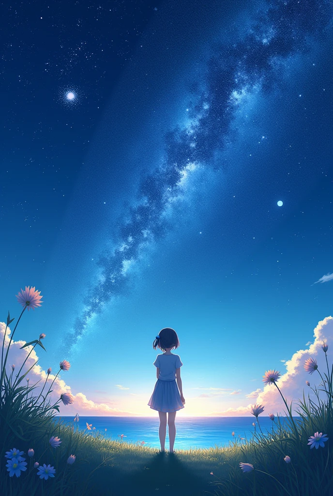 Starry Sky,cloud,One woman,Looking up, high quality,Fantasy,Grass,night,Ocean,horizontal line flower,Grass花,anime風,新Ocean誠風,anime
