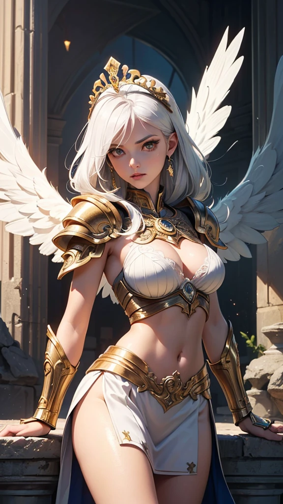 (Best quality, masterpiece, ultra high res, raw photo, beautiful and aesthetic, ultra detailed CG:1.4, portrait, perfect anatomy), (Image from head to thigh) , deep shadow, dark theme,(ultra detailed Unsurpassed beautiful face:1.3), her character concept is the legendary warrior , (intricate detail Saint Seiya God pegasus armor, white very small elegant hair ornament, intricate details goodness armor), Detailed breastplate and gauntlets, (she is dropping off with stylish pause from the goodness goodness ruins gate), (Image from head to thigh), ((White hair color, floating)), Simon Bisley's urban savage style, seductive breasts, tiara, divine goddess knight , looking at viewer, (Angel, big beautiful wings),  (detailed Beautiful timeless face, attractive facial expression ), ((intricate detail ancient Greek ruins background )), sexy midriff , Complex equipment, gold with blue stars and gold and blue stripes, pegasus cloth armor,  (Thin pink lips: 0.8)