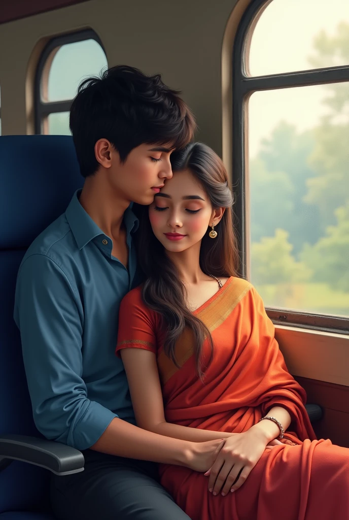 A girl wearing saree and boy with blue shirts both are in train and the women are resting on boys shoulder