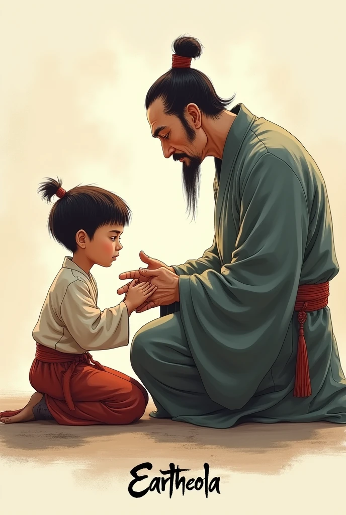 : A design for a T-shirt featuring a close-up scene where the young boy is kneeling, respectfully listening to the kung fu master’s teachings. The master’s hand is gently placed on the boy's shoulder, with a soft light highlighting their connection. The name "Eartheola" is written in a traditional Chinese calligraphy style below the image