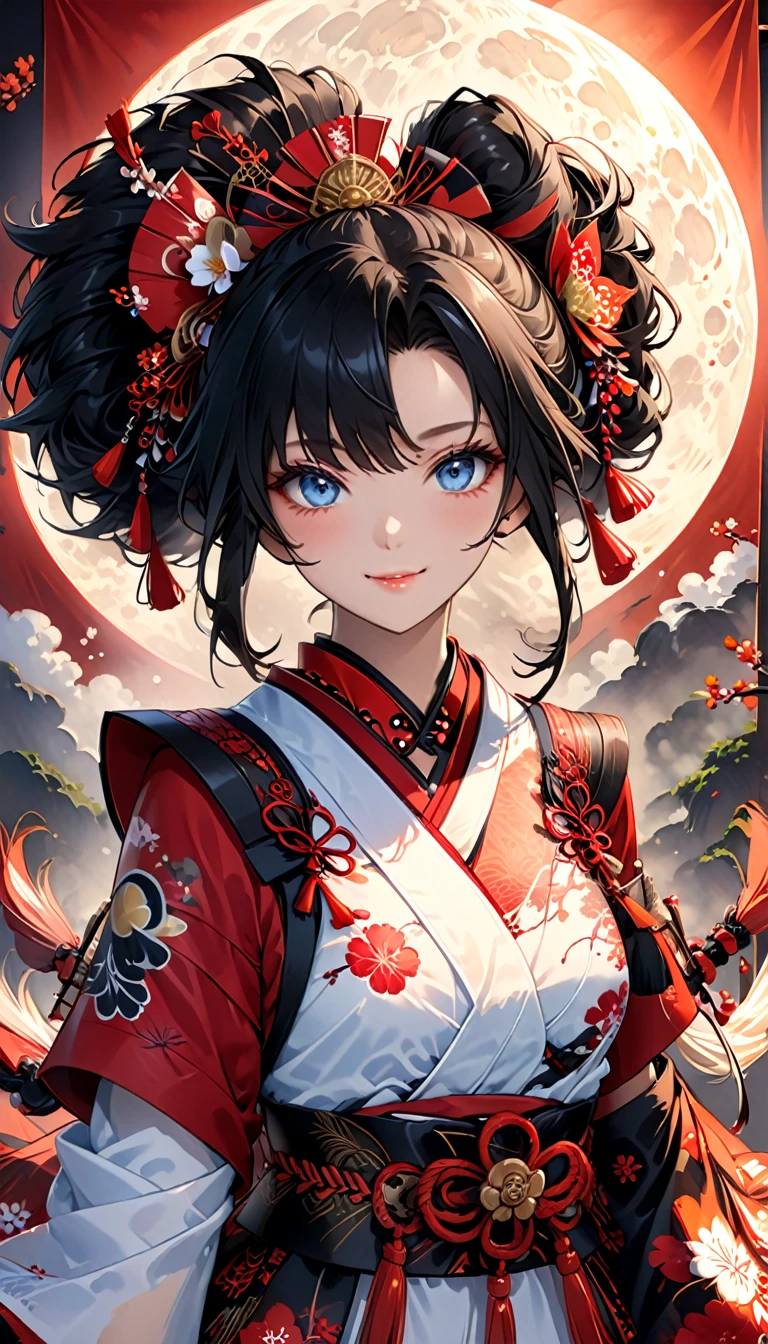 Ink painting, (((1 girl))), (((Tattoo in the middle of the forehead))),(((In the background is the Akatsuki moon))), (((Oiran))), (((Great hair accessories))), Demon possession, ((Masterpiece:1.2)), ((Highest quality)), (((Upper body covered))), Extremely detailed and delicate illustration style, Detailed leather texture, Detailed canvas texture, Very detailed description, (Masterpiece T), Extremely beautiful illustration, Highly detailed face, Raw image, professional, Ultra-high resolution panel, Complex details, Superior detail, Intricate decoration details, Perfect anatomy, real, figure、Blush,He smiles、Red poetry、long hair、usual clothes、Combat uniform、Visible collarbone、Beautiful feet、usual hairstyle、Highest quality, High accuracy, Unity wallpaper 8k, (figure:0.8), (Beautiful and beautiful eyes:1.6), Highly detailed face, Perfect lighting, Highly detailed CG, (Perfect hands, Perfect anatomy),