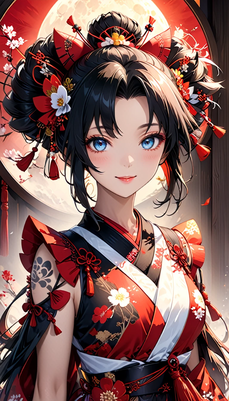 Ink painting, (((1 girl))), (((Tattoo in the middle of the forehead))),(((In the background is the Akatsuki moon))), (((Oiran))), (((Great hair accessories))), Demon possession, ((Masterpiece:1.2)), ((Highest quality)), (((Upper body covered))), Extremely detailed and delicate illustration style, Detailed leather texture, Detailed canvas texture, Very detailed description, (Masterpiece T), Extremely beautiful illustration, Highly detailed face, Raw image, professional, Ultra-high resolution panel, Complex details, Superior detail, Intricate decoration details, Perfect anatomy, real, figure、Blush,He smiles、Red poetry、long hair、usual clothes、Combat uniform、Visible collarbone、Beautiful feet、usual hairstyle、Highest quality, High accuracy, Unity wallpaper 8k, (figure:0.8), (Beautiful and beautiful eyes:1.6), Highly detailed face, Perfect lighting, Highly detailed CG, (Perfect hands, Perfect anatomy),