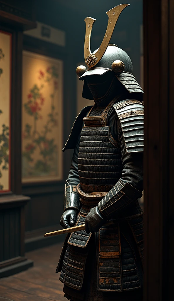 A melancholic image of samurai armor being carefully stored away in a dimly lit room, UHD, realistic, somber tones.