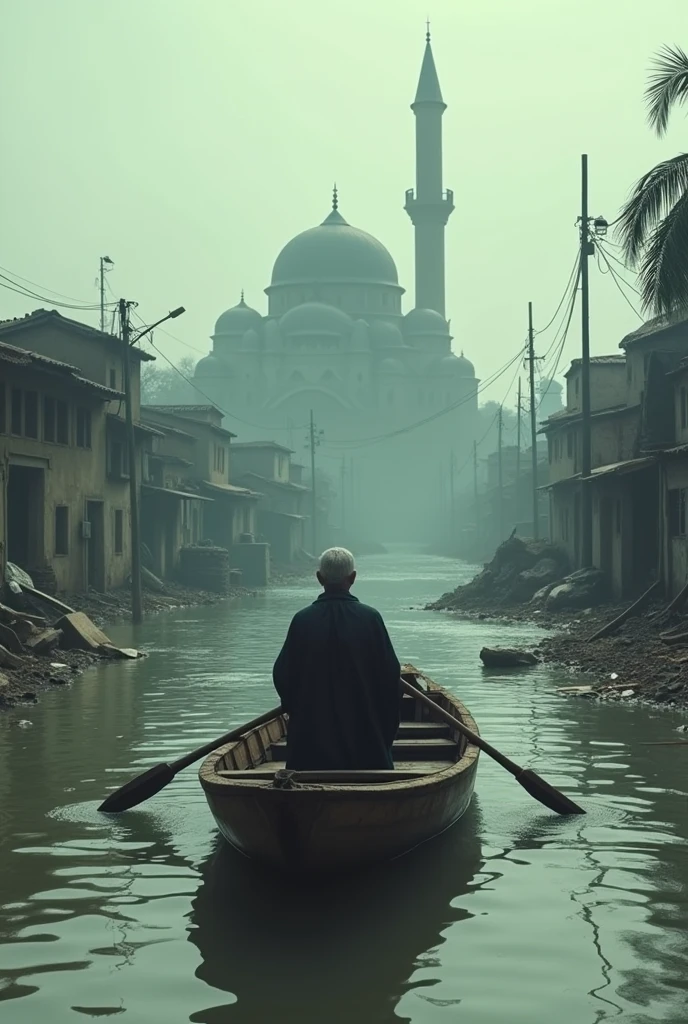 A person goes to the mosque with a boat after the terrible flood in the village