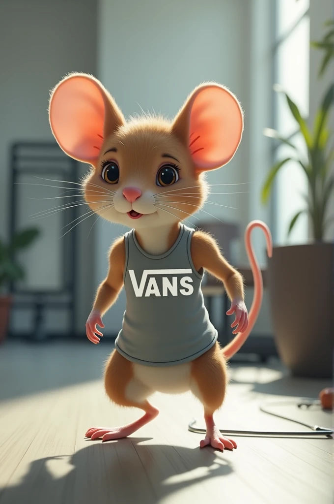 Mouse with light gray vans tank top and white vans writing, working out with cheese hater