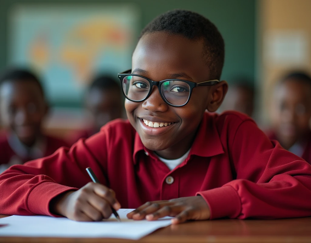 Developing cultural and intellectual skills, education according to the curricula prescribed for students , receiving information in the classroom, a close-up picture of a african student with glases wearing a red uniform sitting on a school desk, performing school assignments