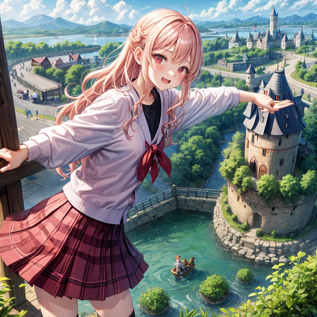 Pink Blonde、Red eyes、Wavy Hair、Hair tied up、Two cute、Checked mini skirt、black t-shirts、cardigan、Knee-high socks、Teeth are visible、Monster Castle、Tilting face、windmill、grass、Stones are growing out of the ground.、Holding hands with a teddy bear、In front of the city gates、Underground tunnels、Waterway、Wooden bridge、There is a crack in the stone