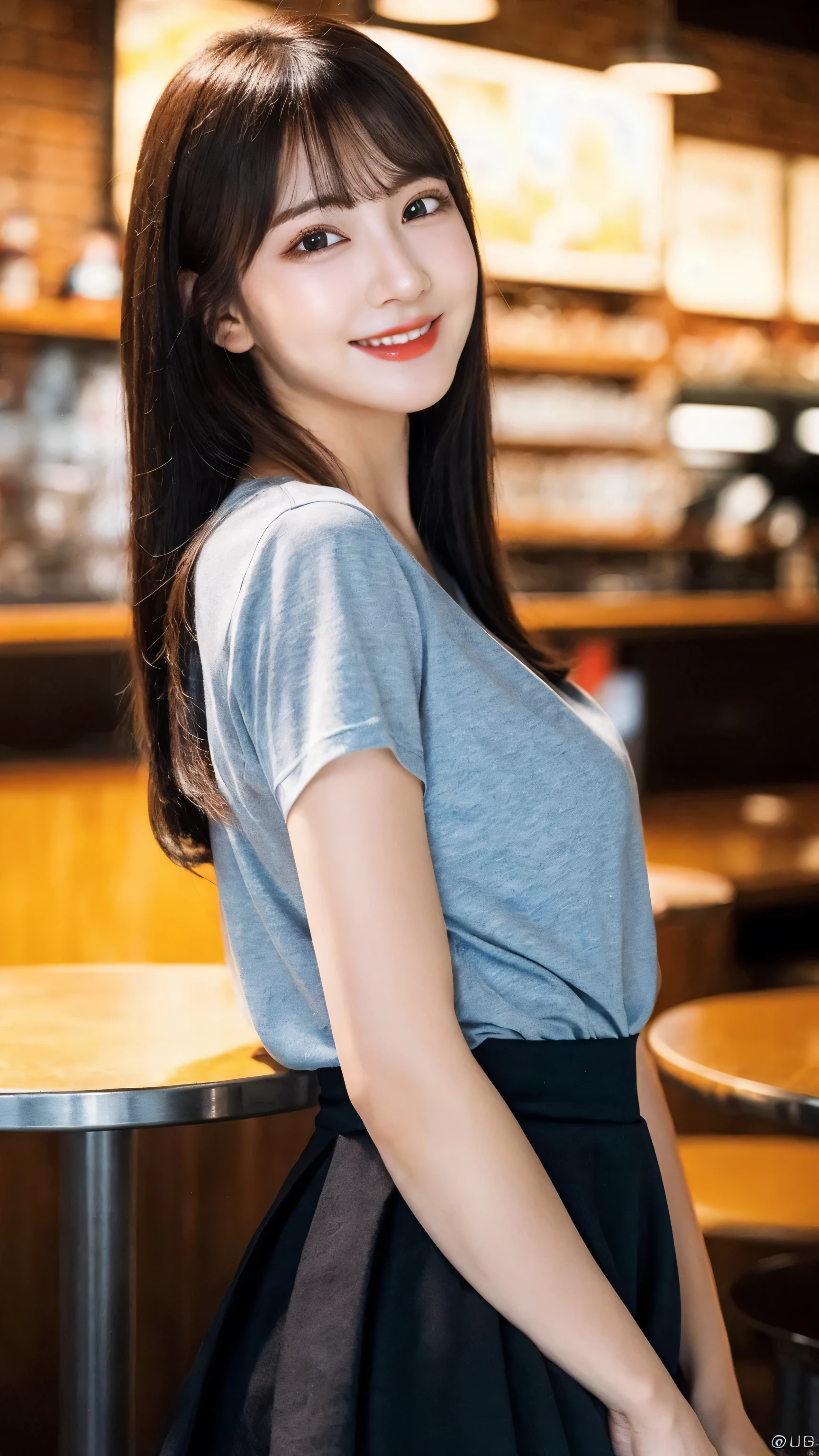 (8k, RAW Photo, Best Quality, Masterpiece:1.2), table top, Ultra Detail, Super Resolution, (Realistic, Realistic Photo:1.37), Portrait, High Detail RAW Color Photo, Professional Photo, Extremely Detailed and Beautiful, Extremely detailed, 8k wallpaper, amazing and detailed, huge file size, official art, highly detailed CG unity 8k wallpaper, highly detailed beautiful girl, highly detailed face, highly detailed eyes, highly detailed skin, highly detailed fingers, highly detailed nose, very detailed detailed mouth , perfect anatomy, highly detailed background, highly detailed clothes, 1girl, 1 girl, cute girl, realistic body, fair skin, glowing skin , slim body, handsome body, black hair , semilong hair, (blunt bangs:1.2), smile, cute, youthful, cute face, realistic face, delicate eyes, drooping eyes, looking at viewer, facing front, standing posture, Contraposto, (medium chest), (Perfect Body Proportions), (slender Body Proportions), super sexy pose, (cat design T-shirt)), ((mini-skirt)), (authentic bar),