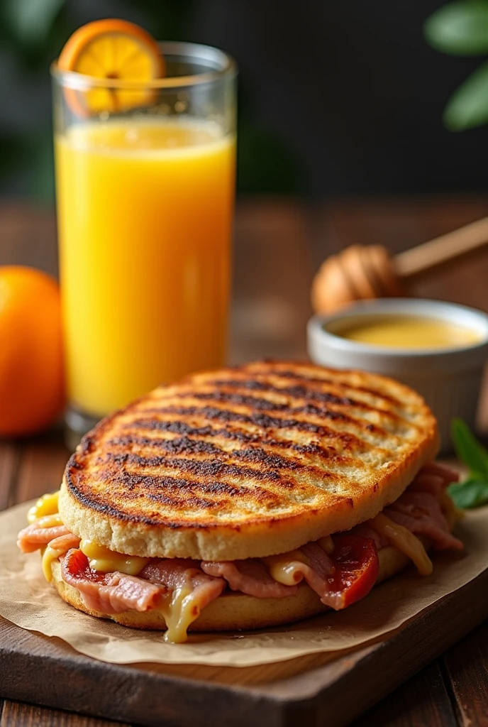 Panini leg . Orange juice. Dressing