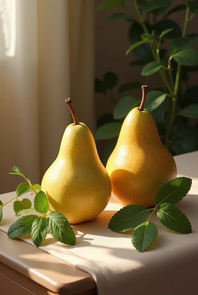 Nature morte avec des poires et de la menthe anis dans un chambre avec un éclairage doux et feutré