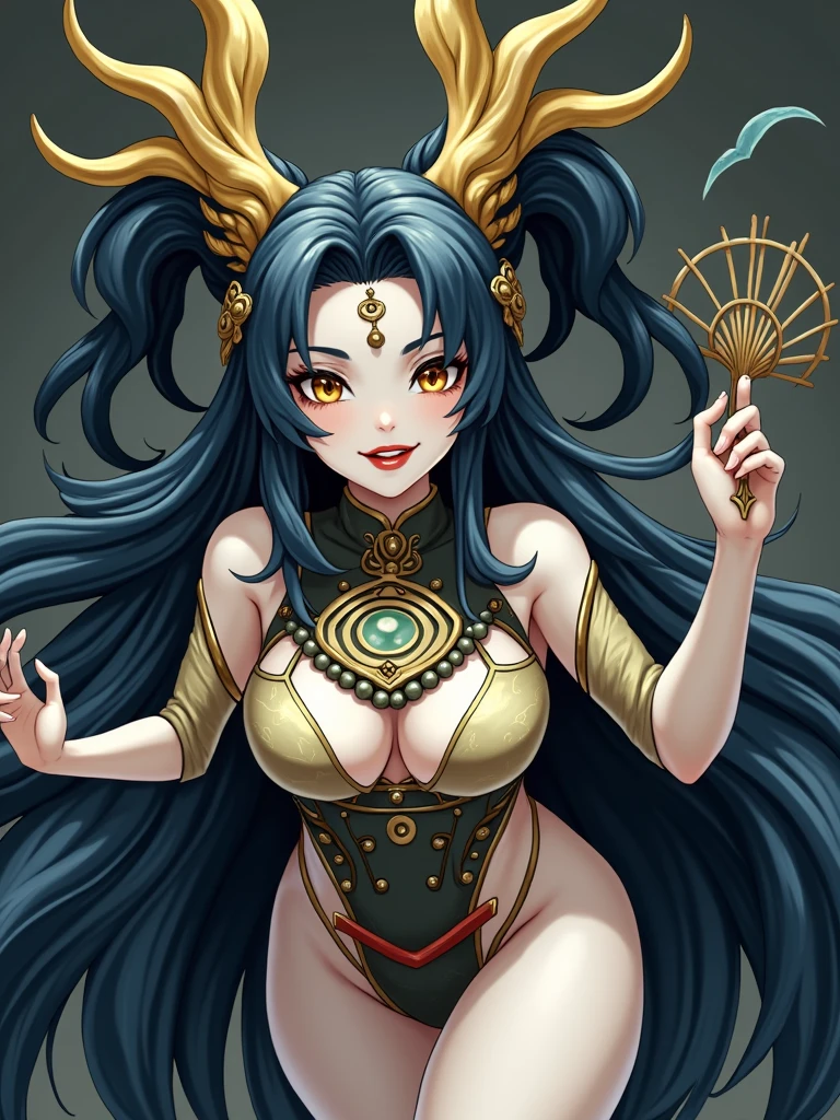 （background：pure white），（Half-length portrait：to the thighs），(masterpiece, best quality, Extremely detailed, Face clear), 1 girl,,Mature female,Fantalia, long_hair,cosmetic,Hand fan, Female Giant,partedbangs, Large target_breast, forehead_mark,blue hair,Yellow eyes,Blue skin,Skin of color,hair ornament,Lipstick, Bead necklace,Separate sleeves,facial mark,Jewelry, Lean forward, Giggle 1,Smile,Grin,Squint your eyes,
