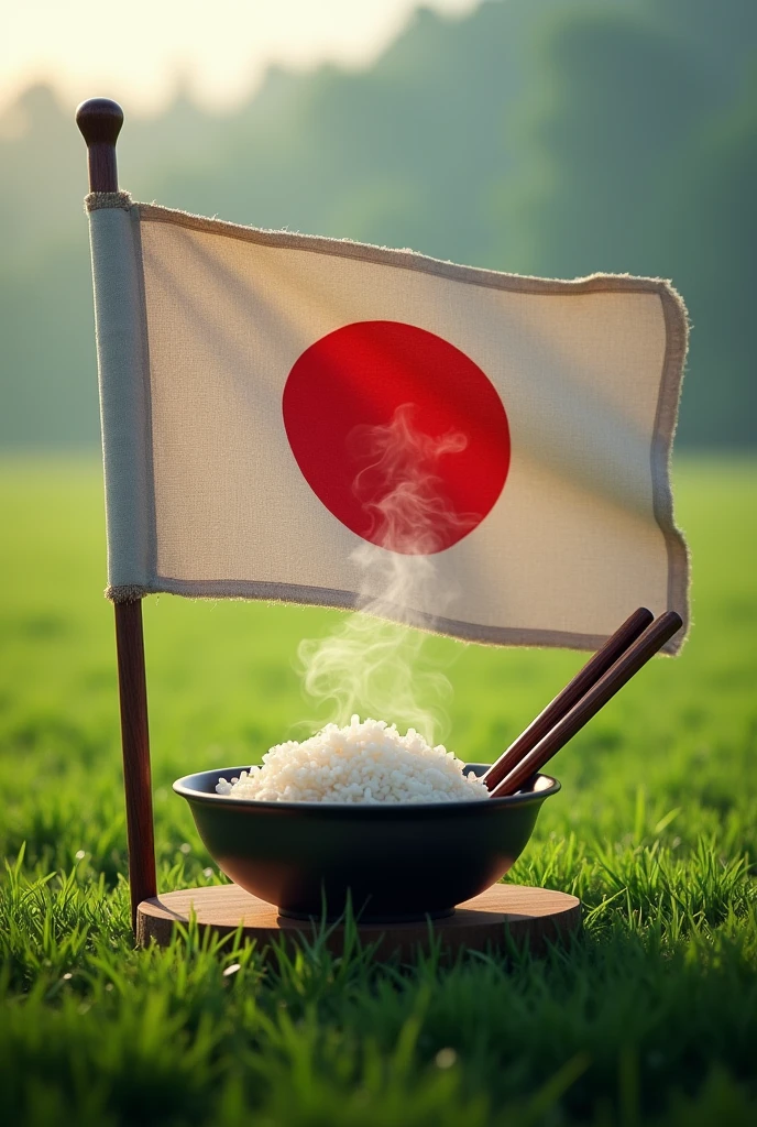I want a flag with a bowl of rice and a pair of chopsticks on a green background on the battlefield.