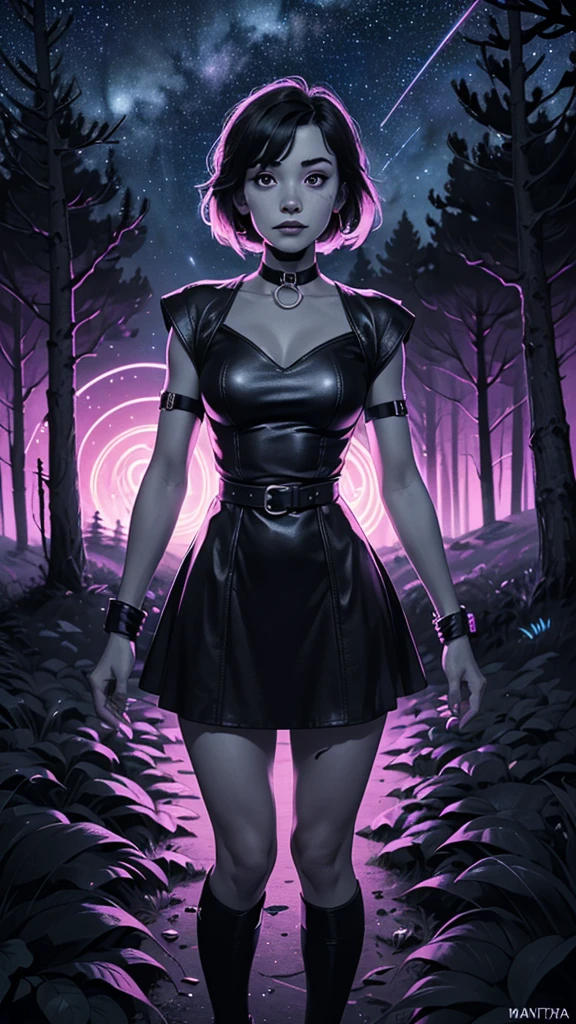 one girl, solo, slender body, fit body, (bust:1.3), (black eyes:1.3), black hair, (short hair:1.2), masterpiece, highly detailed, look at viewer, (look from below, below view:1.3), (leather dress, choker:1.4), (long exposure starry sky with many circular orbits, many stars twinkling in a beautiful bright winter night sky, forest, fractal art, bright colors, colors mashing, complimentary colors, neon, compassionate:1.3), expressing joy, (dark sky background:1.1), (bare shoulders:1.4), (small breast size, small breasts, tiny breasts, flat chest, male chest:1.3), (limited palette:1.7), (legs in leather stockings:1.2)