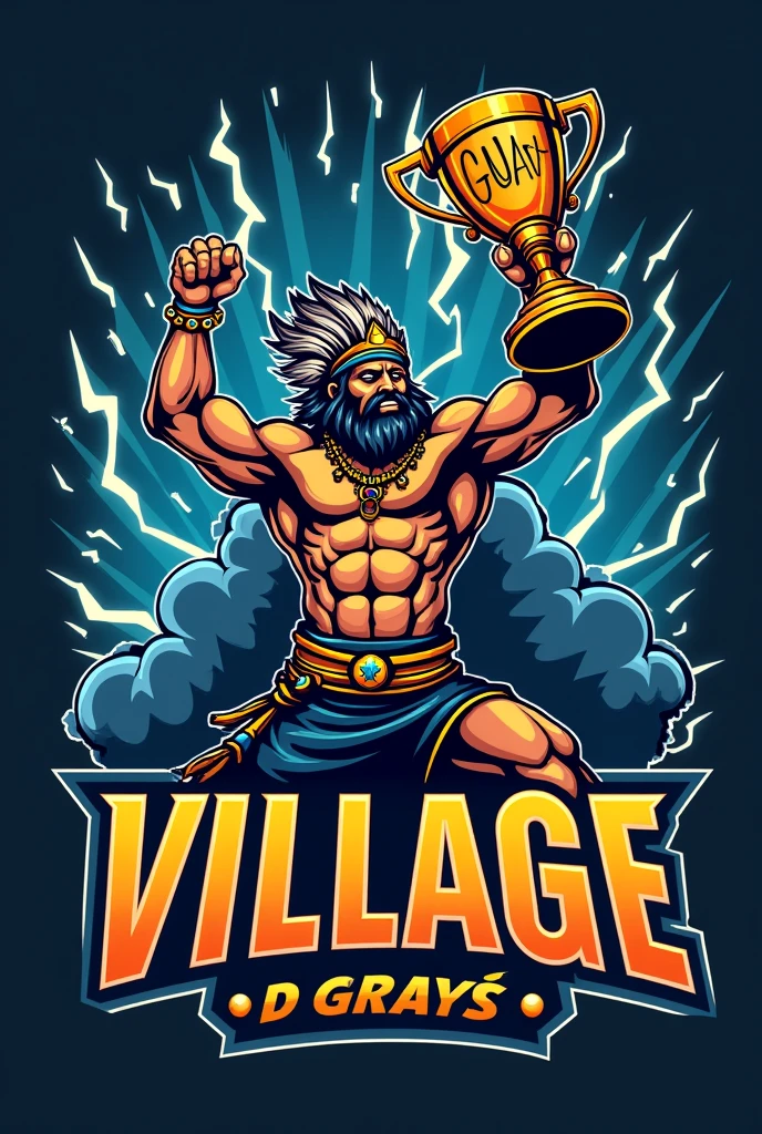 
create a sports logo with the name "village" with a mascot God of thunder Tupã holding a trophy written "goat" por dentro