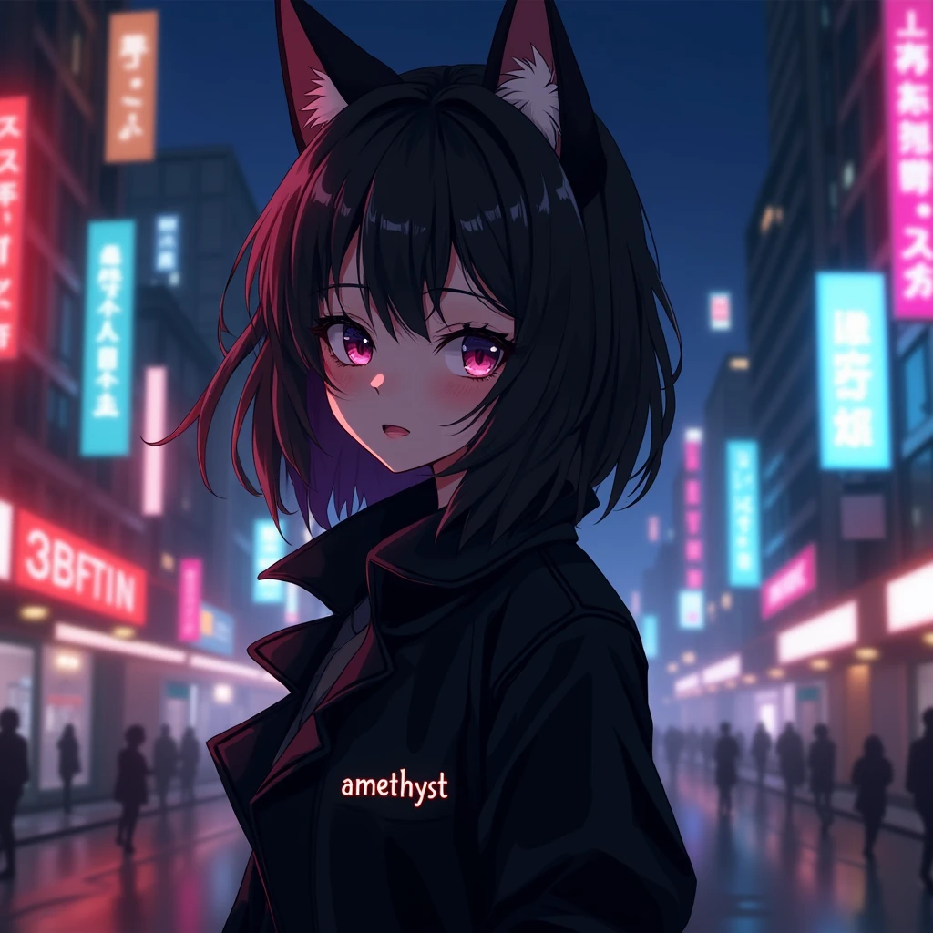 anime girl is wearing black aesthetic jacket with cat ears and with a purple text "amethyst" on her left part of her clothes, in citylights background,