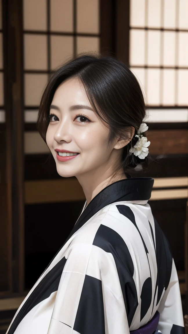 Mature attractive sexy woman,50 years old, ((kimono)),((black))、(((kimono))),Shut,((Big Breasts:1.2)),(Facial wrinkles:1.3),light makeup,Light brown hair,Long Hair,(Full body photo:0.85),(Emphasize big buttocks),8k, RAW Photos, Highest quality, Laughter,masterpiece,Highest quality、A gentle smile、A gaze that seduces viewers、Random Hairstyles、Japanese-style room、Shoji Screen、((Facing forward))、((Showing the nape of the neck))、((Staring at the audience))、