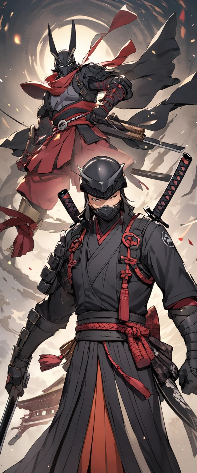 Ronin's outfit made of shiny scarlet silk。A world of thick fog,Standing in a wheat field。。Bust Shot。Dark Eyes。clothes are blowing in the wind。Grin。Katana on the waist。Stylish pose。Many small lanterns are floating。Messy long black hair。 A thin young ronin。alone。Spooky atmosphere。Japan。Red Sky。Chiaroscuro,Big black dragon behind。