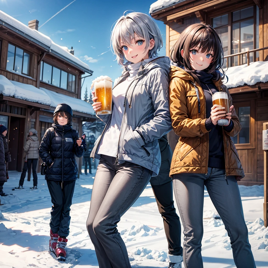anime, Tabletop, Highest quality, 8k_wallpaper, Beautiful Eyes, Cute girl, Grey outerwear, Grey trousers, smile, Brown short hair, Ski resort on a sunny day, Doing snowboarding, Holding a beer in hand