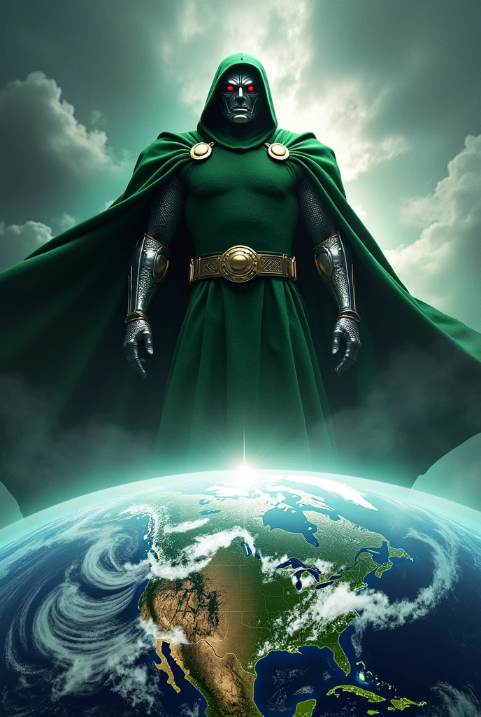 Dr. Doom image behind earth in iron man style