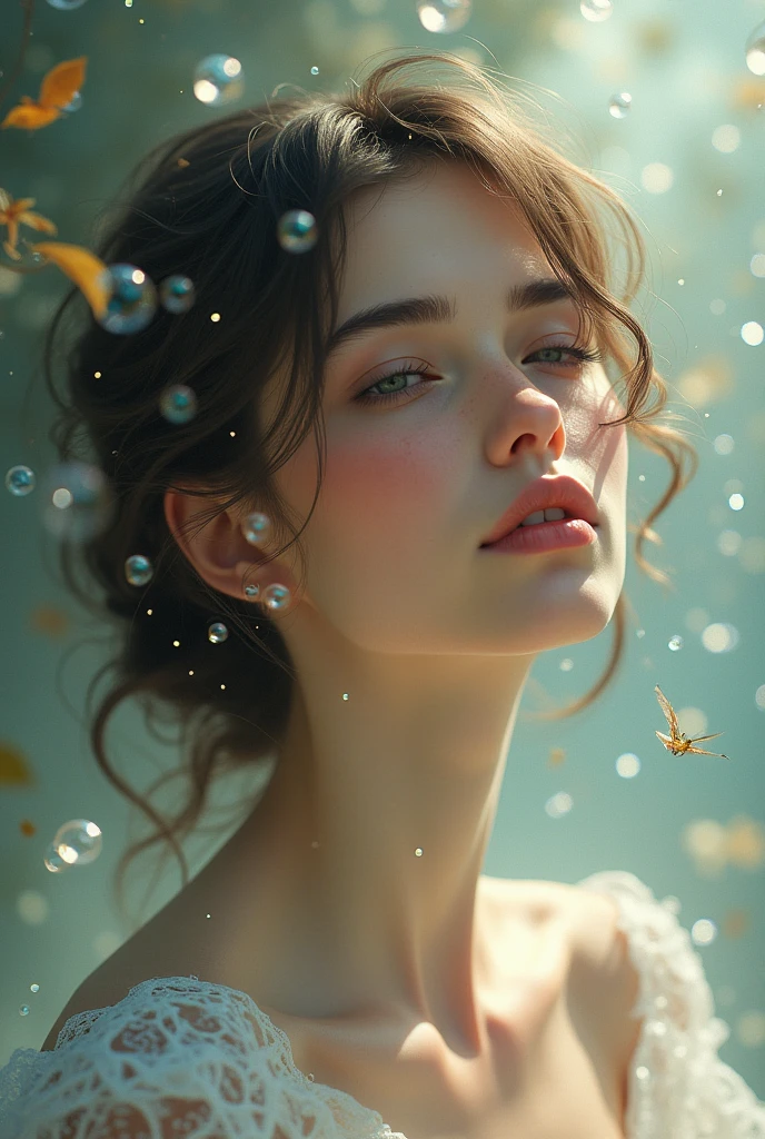 a painting of a woman in a dress blowing bubbles, lazy and WLOP, ethereal bubbles, mœbius + lazy + WLOP, dreamy and detailed, intricate WLOP, fantasy closeup with water magic, fairytale artwork, fairytale painting, in style of anna dittmann, WLOP art, realistic fantasy painting, artgerm julie bell beeple