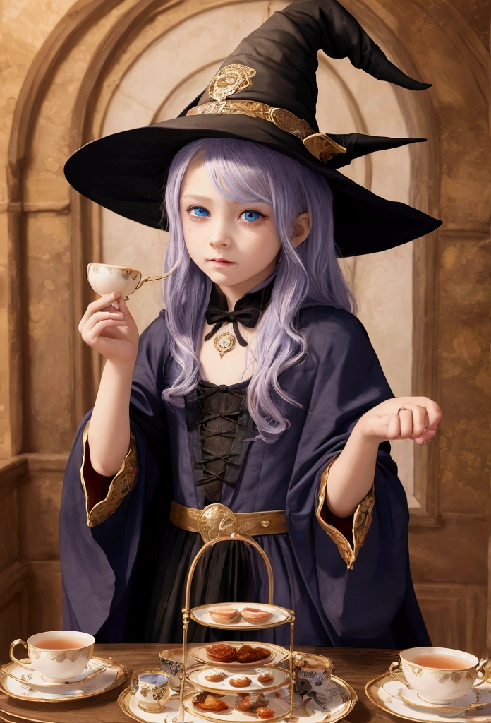 masterpiece, Highest quality, Wizard&#39;s Tea Party, Little, Handsome male witch, Beautiful Witch, Highly detailed realistic eyes, Happy, Vibrant, colorful,