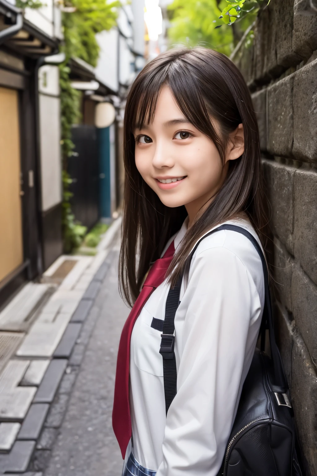 1 young girl,very cute and beautiful japanese teen actress,highly detailed beautiful face,
looking at viewer,smile,happy,school uniform,school bag,
narrow alley in tokyo,stone wall in front of modern building,hotel signage,trees,shrubbery,
solo,real person,photorealistic,8k,raw photo,