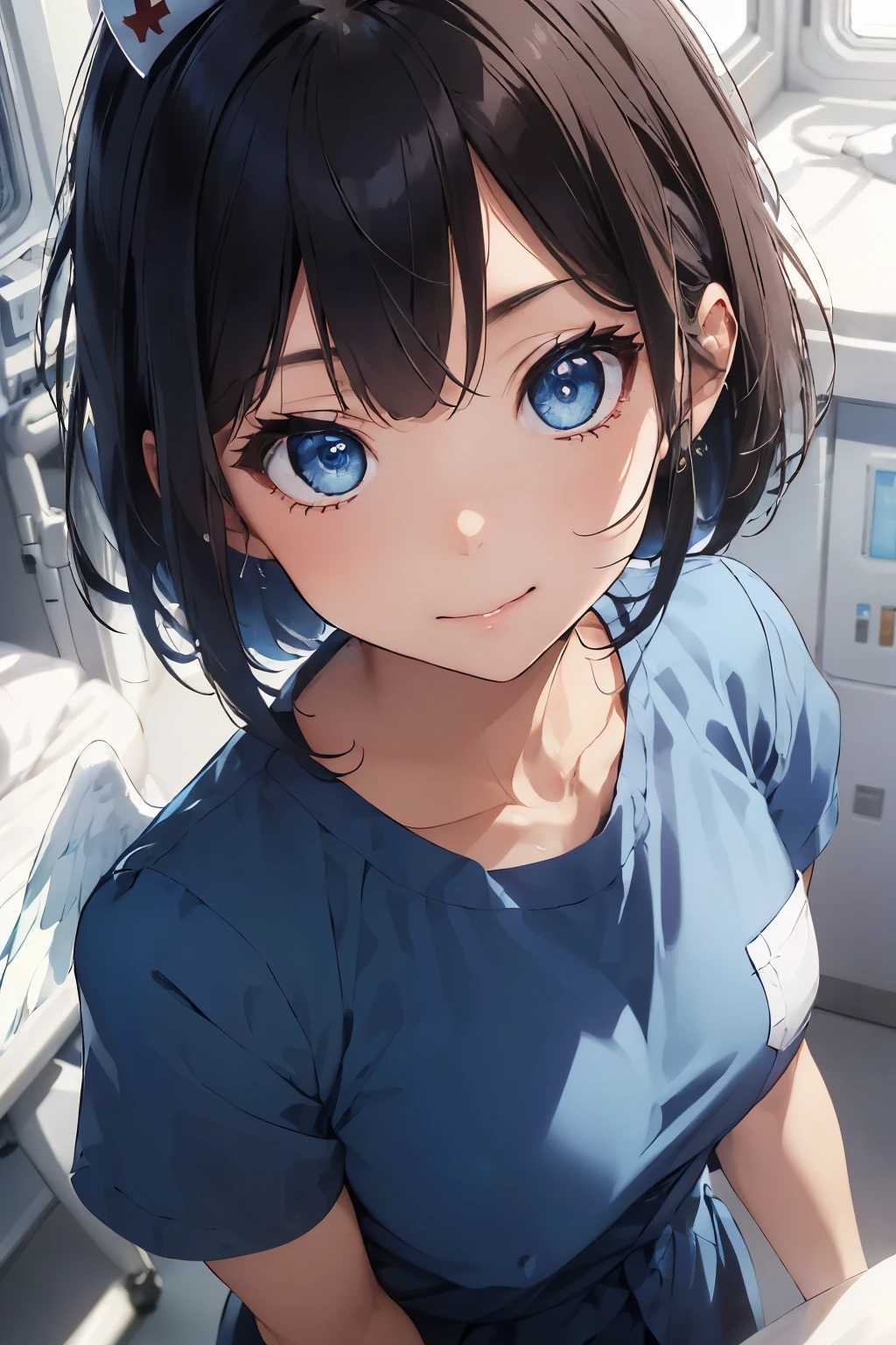 ((Top Quality)), ((Excellent)), (Detailed),((Angel)), Ultra-Realistic, Stunning Environment, Vivid Colors, , Black Hair,(Childish Face),((Straight Hair)), Shiny Hair, Medium Breast, ((Nurse Uniform)), (Nurse), ((From Above)), ((Blue Eyes)), Half-Smiling, Flying, (Close-Up), Upper Body, Shiny Hair, Blunt Bangs,((Medium Bust)), ((Blue Eyes)), Masterpiece, Ultra-Realistic,, ((Close-Up)), Natural Light, Vivid Colors,((Close-Up)), Hospital,