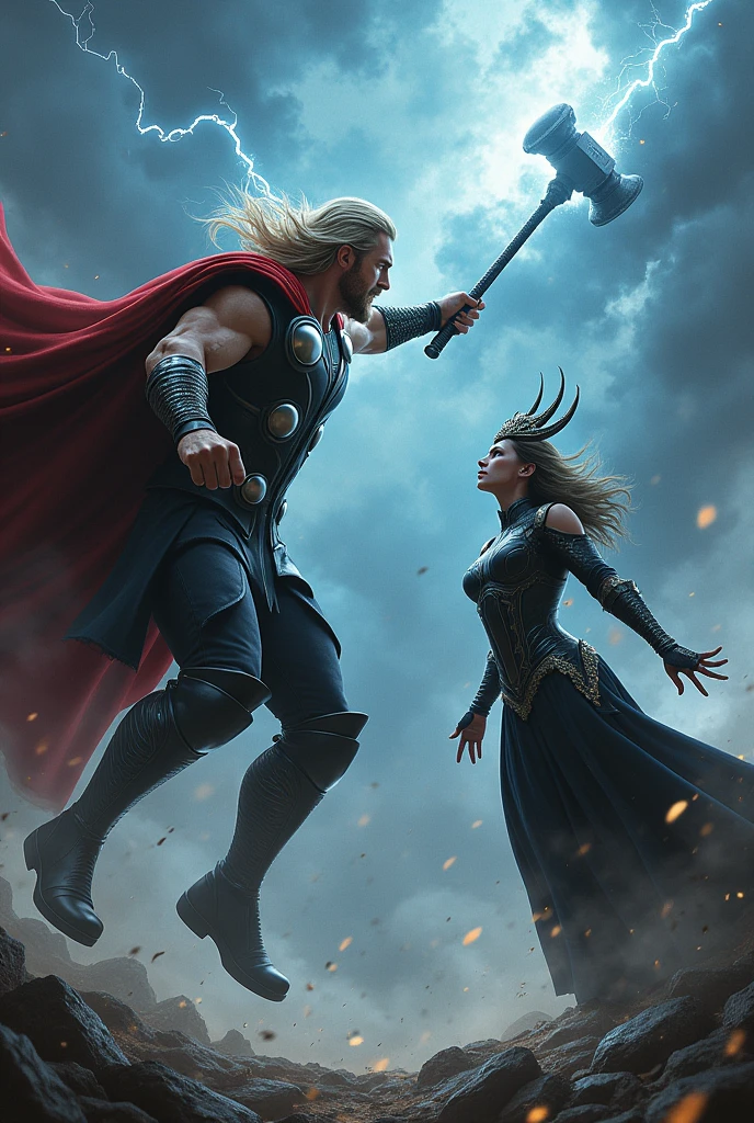 Make a full image of thor and hela, hela is standing and thor is flying an thor is coming to kill hela is with her horn crown its look dangerous very dangerous