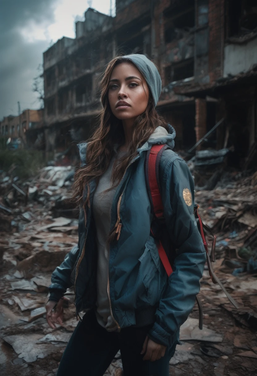 1girl, Post-Apocalyptic Wasteland, I invoke The World!(best quality,4k,8k,highres,masterpiece:1.2),ultra-detailed,(realistic,photorealistic,photo-realistic:1.37), HDR, UHD, studio lighting,ultra-fine painting,sharp focus,physically-based rendering,extreme detail description,professional,vivid colors,bokeh, portraits,landscape,horror,anime,sci-fi,photography,concept artists, desolate city ruins,dystopian atmosphere,dramatic lighting,thick smoke,abandoned vehicles,crumbling buildings,decaying infrastructure,overgrown vegetation,barren landscape,distant mountains,ruins of the past,wandering girl,courageous and determined expression,protective clothing,carrying a survival backpack,armed with a makeshift weapon,scavenging for resources,searching for signs of life,unforgiving sky,piercing winds,tall grass swaying,ominous dark clouds,red dust swirling,harsh sunlight casting long shadows,cracked pavement,earth-toned color palette,dilapidated and rusted metal structures,overturned cars,fading graffiti,desolation and despair in her eyes, nature reclaiming what was once a thriving city,chaotic mix of destruction and beauty,majestic and haunting, a world on the brink of collapse.