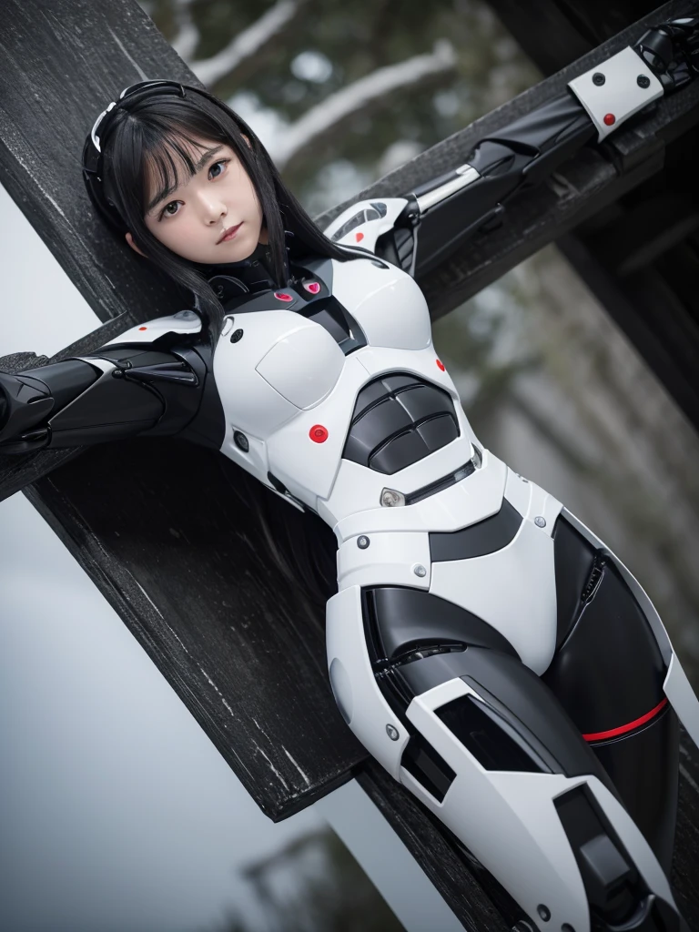 Highest quality，masterpiece，Ultra-high resolution, Very detailed, 8k，Beautiful 2 Japanese woman:1.5，Black Hair、((Crucifixion))，torture，slave，((クロスにCrucifixionにされた女性：1.5)),Crucifixion刑, Type X, (black and white robot suit, Plump, Slightly thicker)