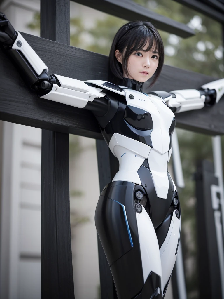 Highest quality,masterpiece,Ultra-high resolution, Very detailed, 8k,Beautiful 2 Japanese woman:1.5,Black Hair、((Crucifixion)),torture,slave,((クロスにCrucifixionにされた女性:1.5)),Crucifixion刑, Type X, (black and white robot suit, Plump, Slightly thicker)