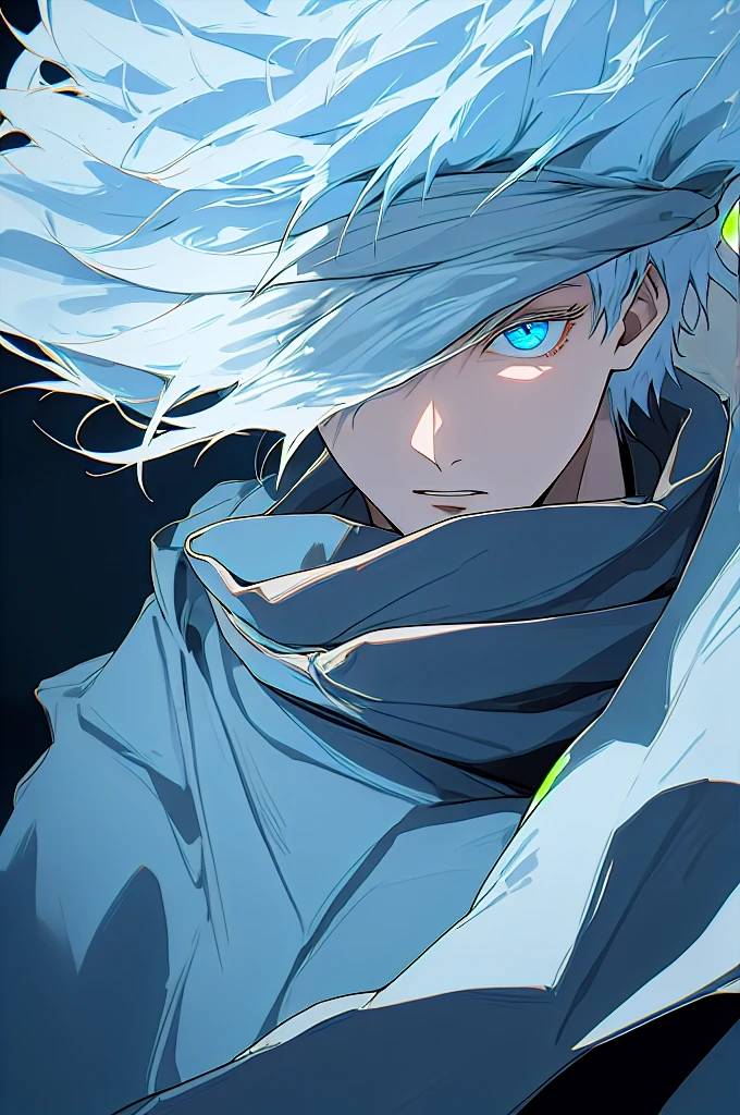 gojou satoru, 1boy, male focus, solo, full body, blue eyes, blindfold, white hair, night, one eye covered, parted lips, high collar, looking at viewer,