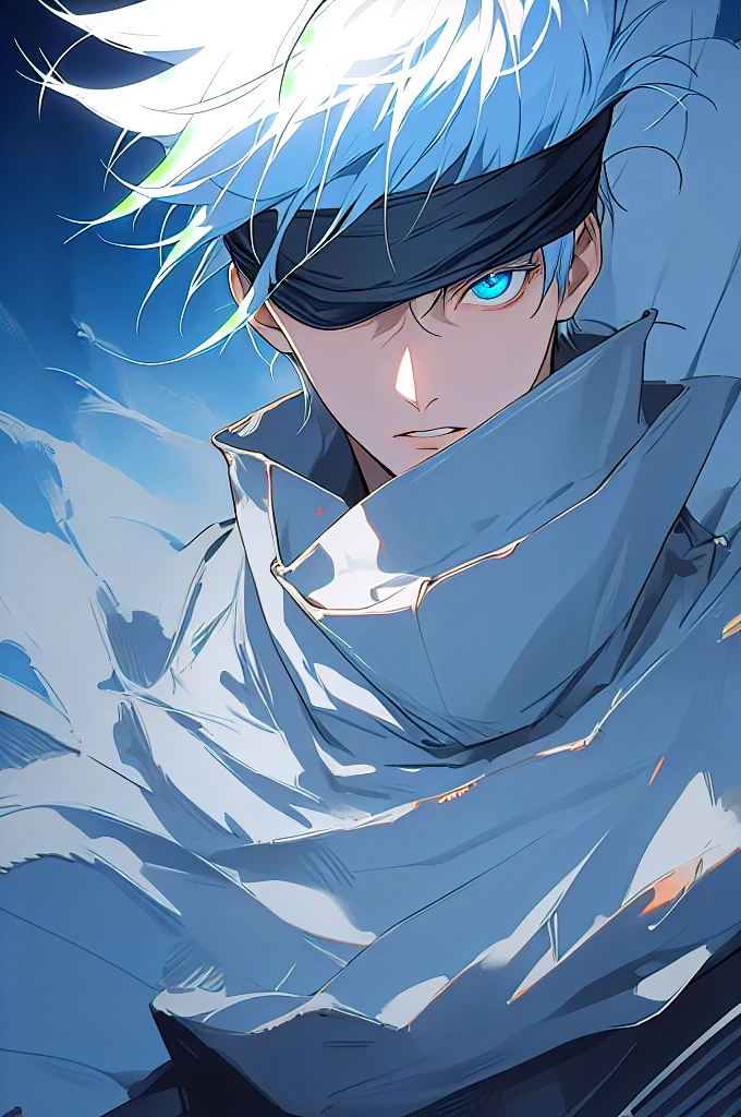 gojou satoru, 1boy, male focus, solo, full body, blue eyes, blindfold, white hair, night, one eye covered, parted lips, high collar, looking at viewer,