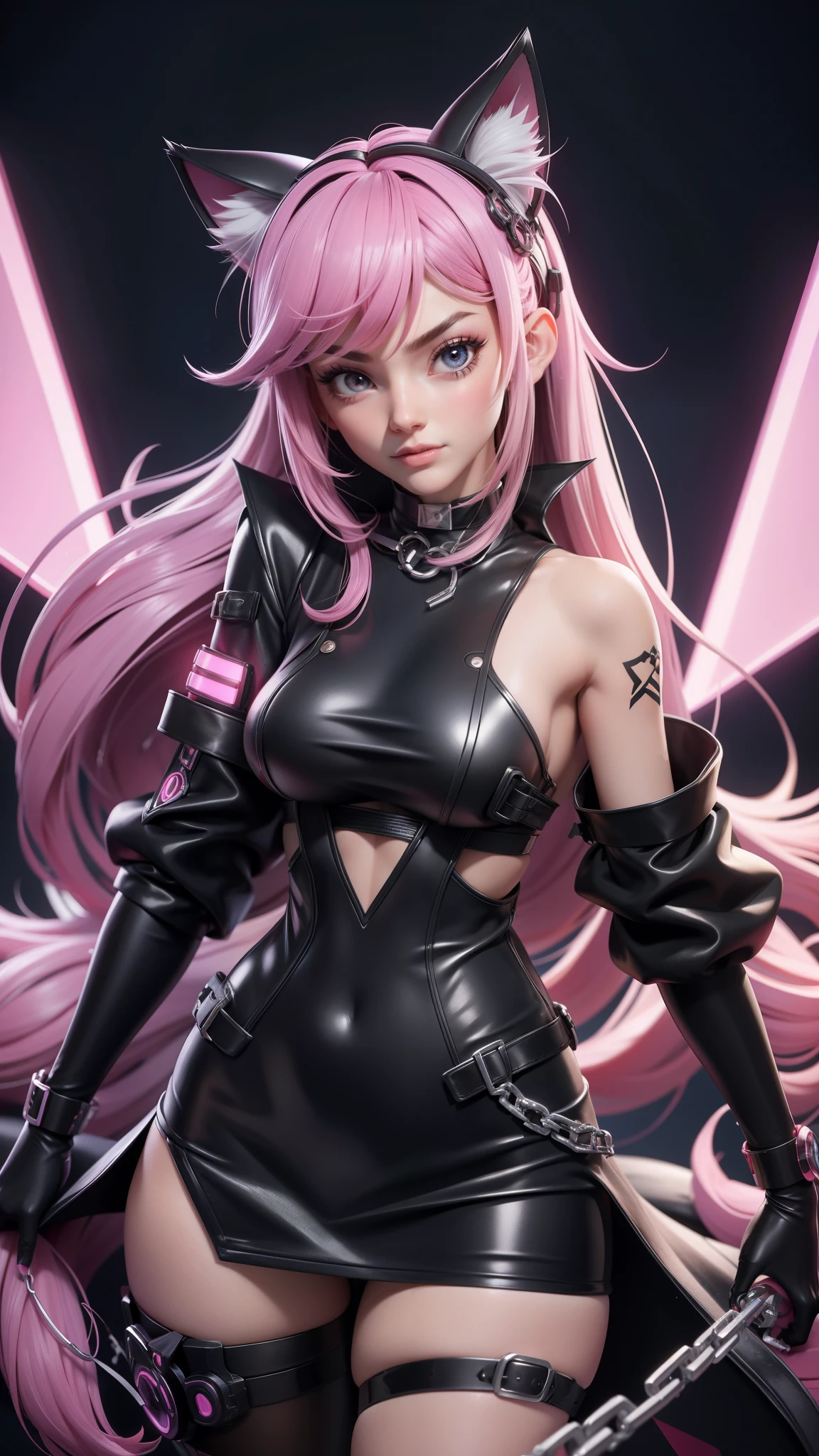 a girl in a revealing black and white outfit with a cat ears and a chain around her, seductive anime girl, showing lots of skin, cyberpunk anime girl, anime cyberpunk art, female cyberpunk anime girl, female anime character, beautiful alluring anime girl, female action anime girl, with red glowing eyes, demon anime girl, anime girl, from arknights, beautiful anime catgirl, anime girl
