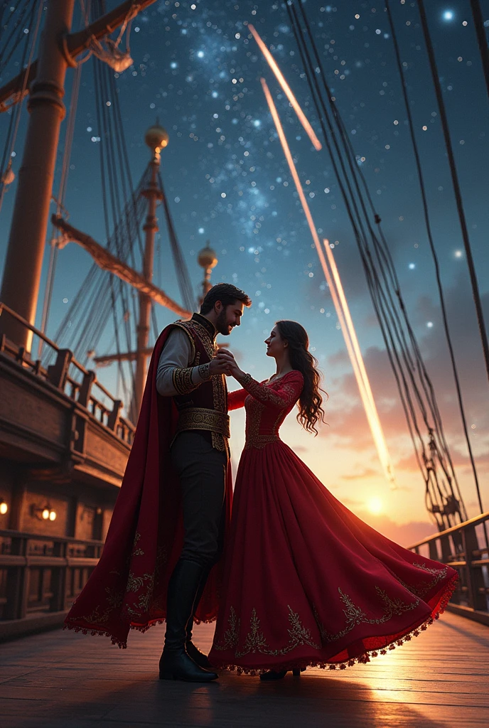 A realistic image of King and queen with long red dress dancing on a mighty ship at meteroites falling from sky at night