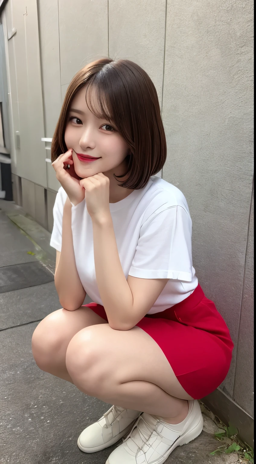 In detail,Full body photo、 smile、High resolution, high quality、Perfect dynamic composition, Beautiful details, blonde、Bobcut、Natural color lip,Kamimei、1 person、1 person、Beautiful Skin、White shirt、Red mini skirt、Thighs、Shiny Hair、最high quality, shape, Very detailed, In detail, High resolution, 8k、The correct state of the human body、Squat、Sculpture model pose,Pink Wall
