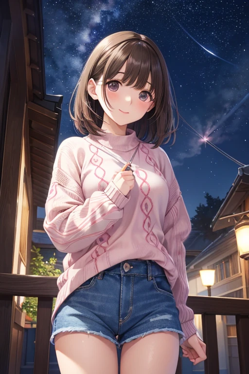 anegasaki nene、Shiny brown hair, short hair, (Beautiful brown eyes、Sparkling eyes, Fine grain)、smile、Ultra-detailed eyes、Highly detailed face, Highly detailed eyes,Cowboy Shot、
((Highest quality, 8k, masterpiece: 1.3)),
(Loose-fitting pink argyle knit:1.4),(Short denim:1.2),かわいいsmile、
Inside the boutique,(whole body:1.2) X Hair,Aurora、City lights、star座、Crescent Moon,Intergalactic,lamp post, Particles of light, milky way, night, night空, outside of home, 惑star, Power lines, 流れstar, Sky Sky, Skyscraper, solo、stargazing,star_\(Sky Porn\)、star空、Winters、 Delicate and beautiful face, blush、