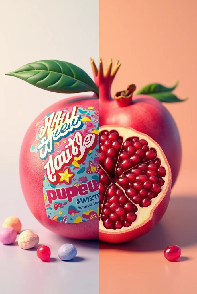 Create a half sweet candy wrapper image, party candy and half a pomegranate fruit