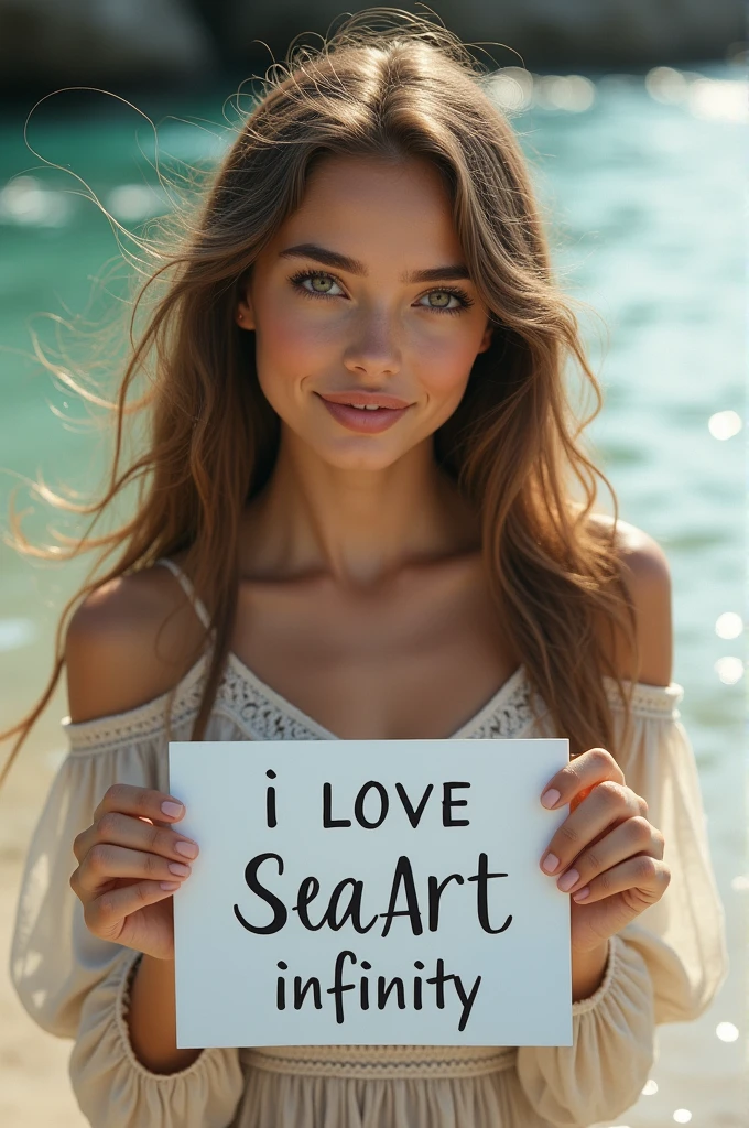 Beautiful girl with wavy long hair, bohemian dress, holding a white board with text "I Love Seaart Infinity" and showing it to the viewer