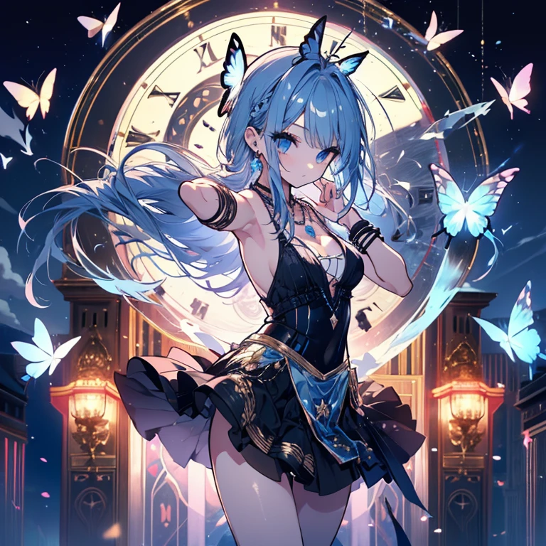1 person、Mature、Ample breasts、Long Hair、Long eyelashes、Blue Eyes、ballerina、ballerinaの衣装、Tutu、Miniskirt、necklace、bracelet、Earrings、dance、In front of the clock tower、Night Sky、gem、Butterflies fluttering、Braided、Bust-up perspective、High resolution、Highest quality