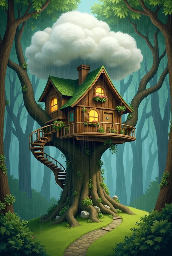 Nature,tree house,Rainy cloud,around grass,paint